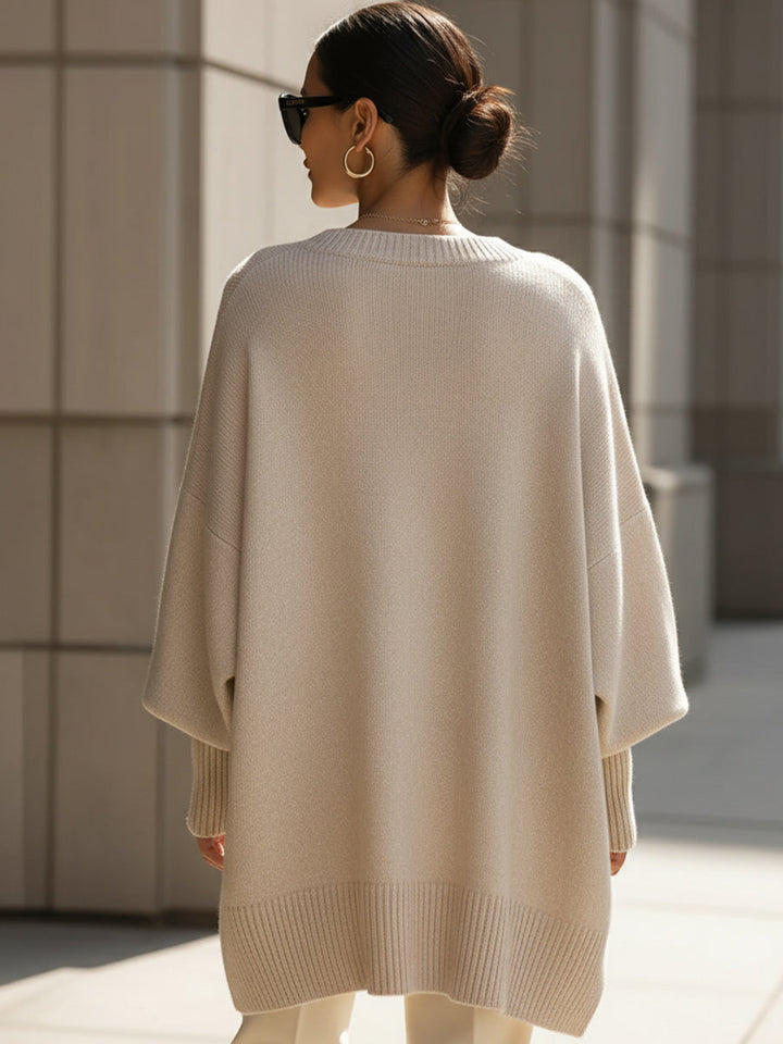 Sweter damski oversize z dzianiny i prążkowanym splotem na jesień, luźny krój