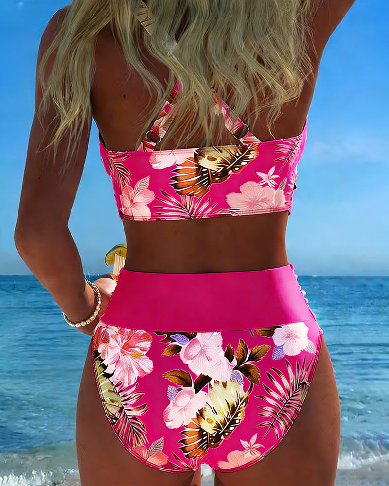 Bikini damskie z wysokim stanem w kwiatowy wzór dwuczęściowy strój kąpielowy na lato