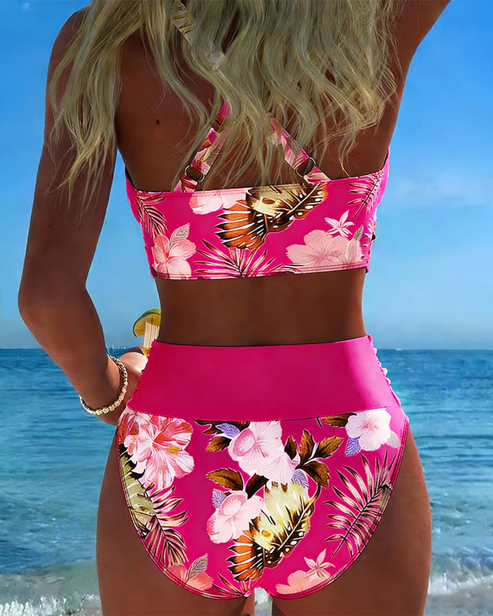 Bikini damskie z wysokim stanem w kwiatowy wzór dwuczęściowy strój kąpielowy na lato