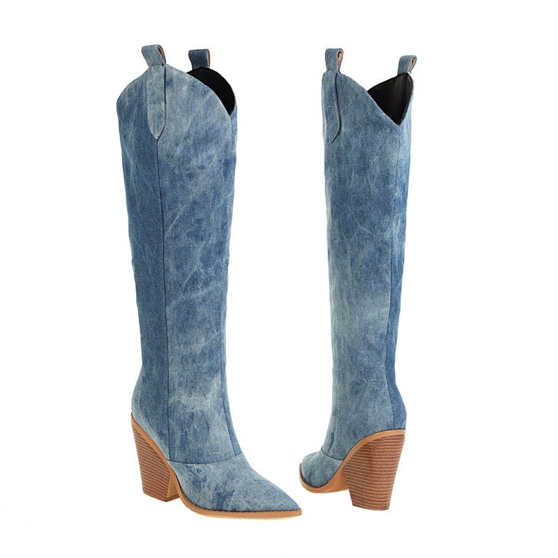 Botas de senhora estilo cowboy em pele acima do joelho com salto bloco clássicas para a primavera