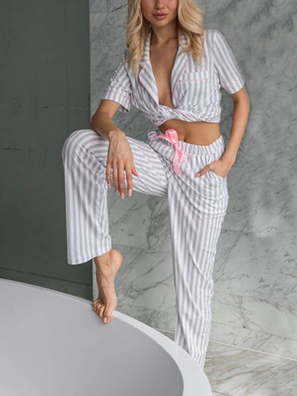 Piżama damska bawełniana na lato komplet do spania i homewear w paski