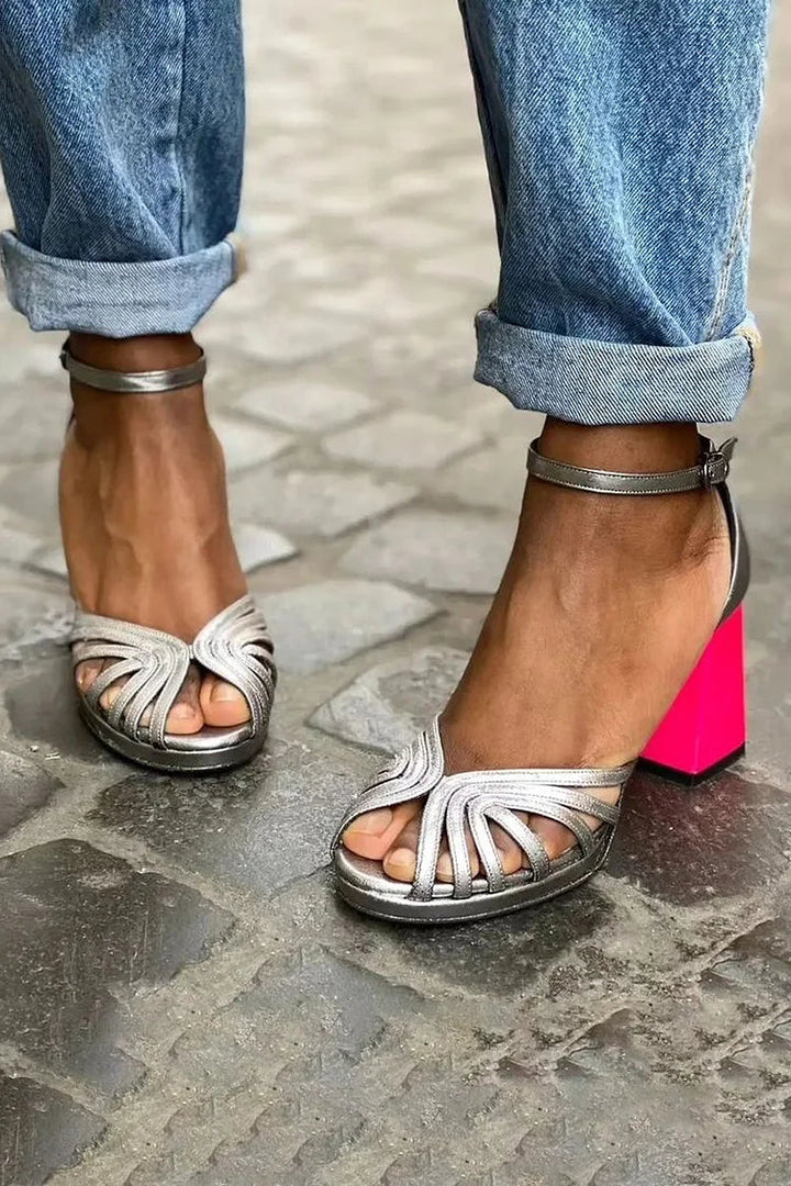 Szpilki damskie na lato z zapięciem na kostkę eleganckie stabilny obcas dwukolorowe
