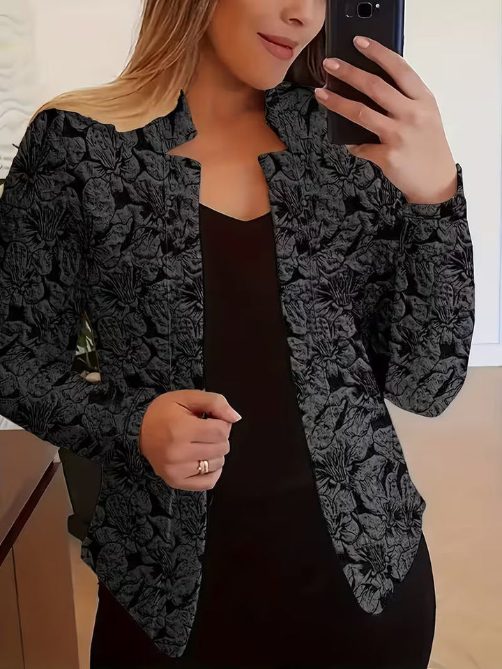 Marynarka damska w kwiaty bez zapięcia z wyrazistym kołnierzem z poliestru elegancka na jesień