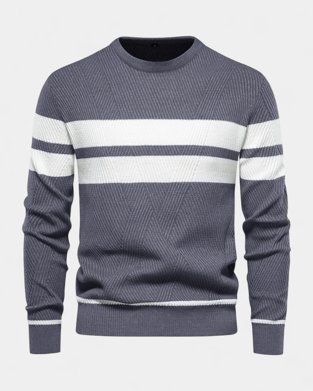 Męski sweter bawełniany w paski okrągły dekolt slim fit jesienny
