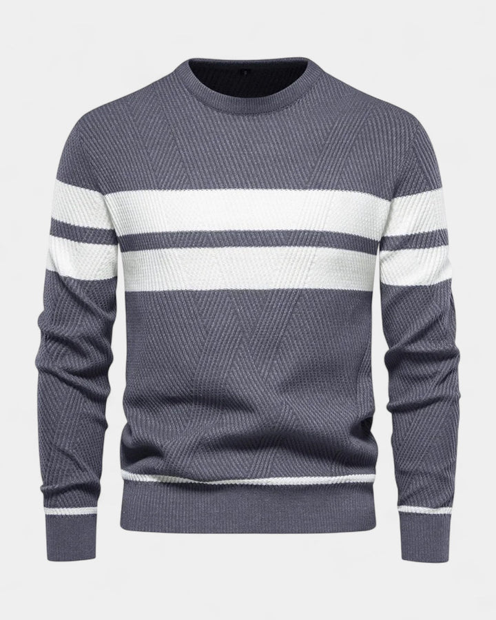 Męski sweter bawełniany w paski okrągły dekolt slim fit jesienny