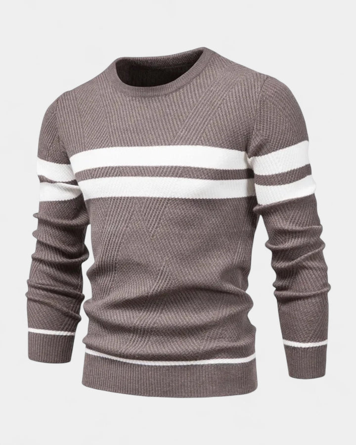 Męski sweter bawełniany w paski okrągły dekolt slim fit jesienny