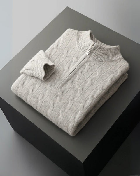 Męski sweter z wełny merino na jesień, dzianinowy sweter z zamkiem do połowy