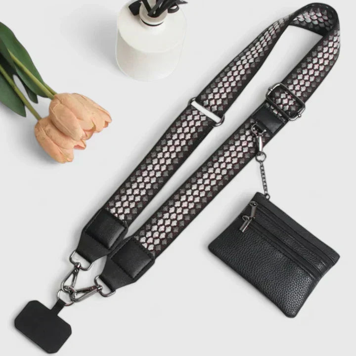 Estojo de pele para telemóvel feminino com alça ajustável e bolso com fecho RFID