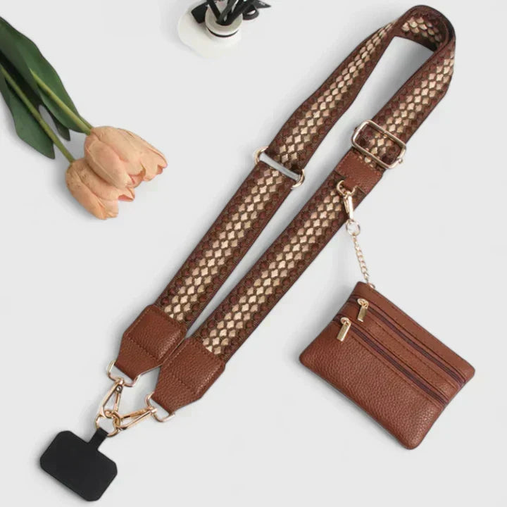 Estojo de pele para telemóvel feminino com alça ajustável e bolso com fecho RFID
