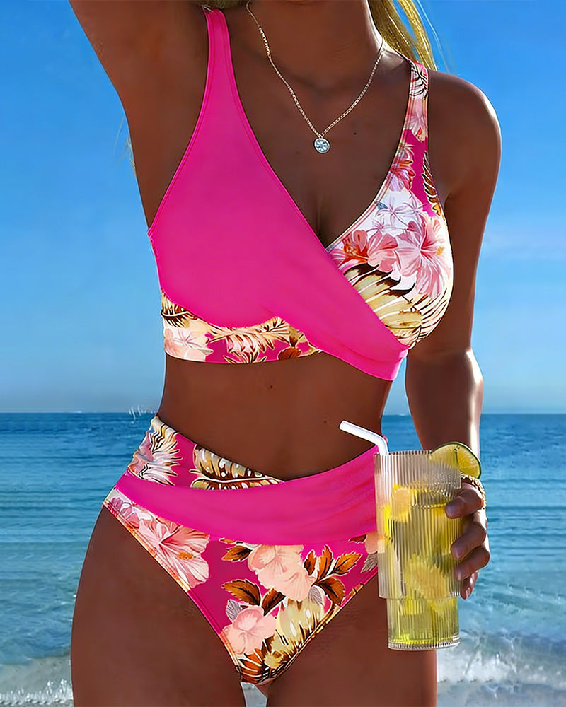 Bikini damskie z wysokim stanem w kwiatowy wzór dwuczęściowy strój kąpielowy na lato