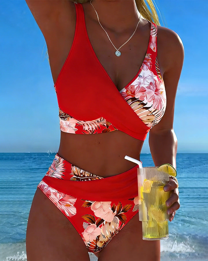 Bikini damskie z wysokim stanem w kwiatowy wzór dwuczęściowy strój kąpielowy na lato