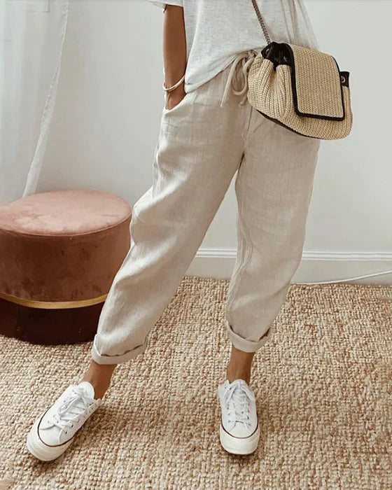 Spodnie damskie lniane casual boho szerokie wygodne na lato i ciepłe dni