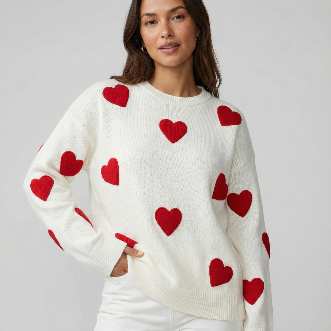 Sweter damski casual z dzianiny wełnianej w luźnym fasonie na jesień z wzorem serc