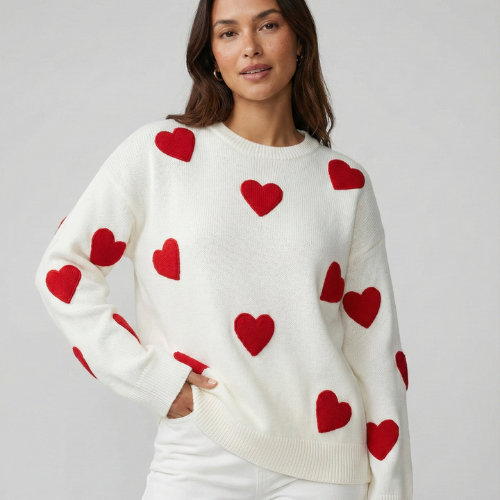 Sweter damski casual z dzianiny wełnianej w luźnym fasonie na jesień z wzorem serc