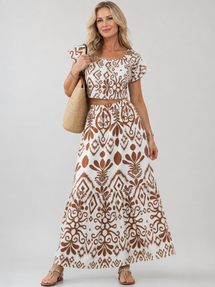 Vestido midi evasê com manga curta, leve, de algodão, para mulher, ideal para o verão.