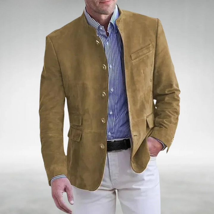 Marynarka męska ze stójką o wyglądzie zamszu zapinana na guziki casualowa elegancka na jesień