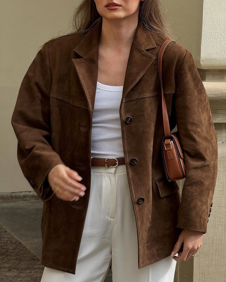 Damski Zamszowy Żakiet Elegancki – Klasyczna Marynarka na Wiosnę i Jesień Styl Vintage