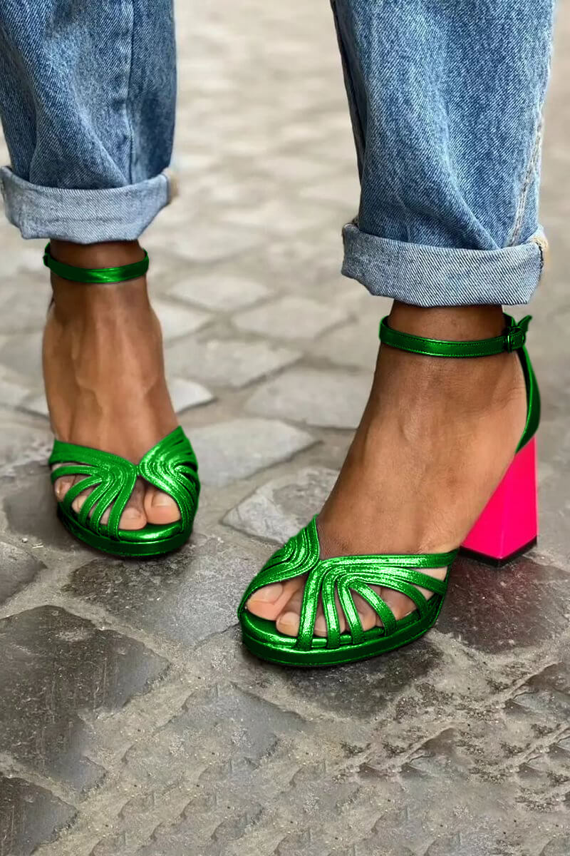 Szpilki damskie na lato z zapięciem na kostkę eleganckie stabilny obcas dwukolorowe