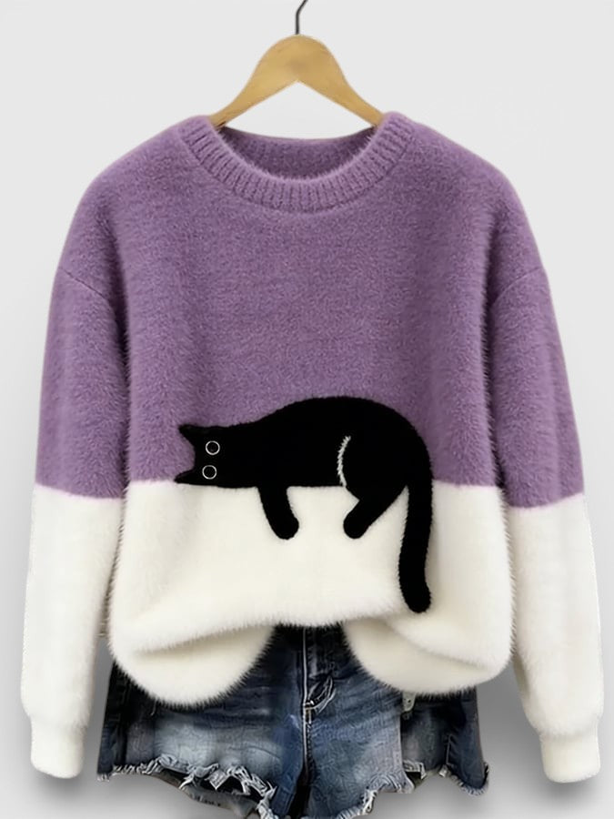 Sweter damski z bawełny z motywem kota na jesień, luźny krój codzienny