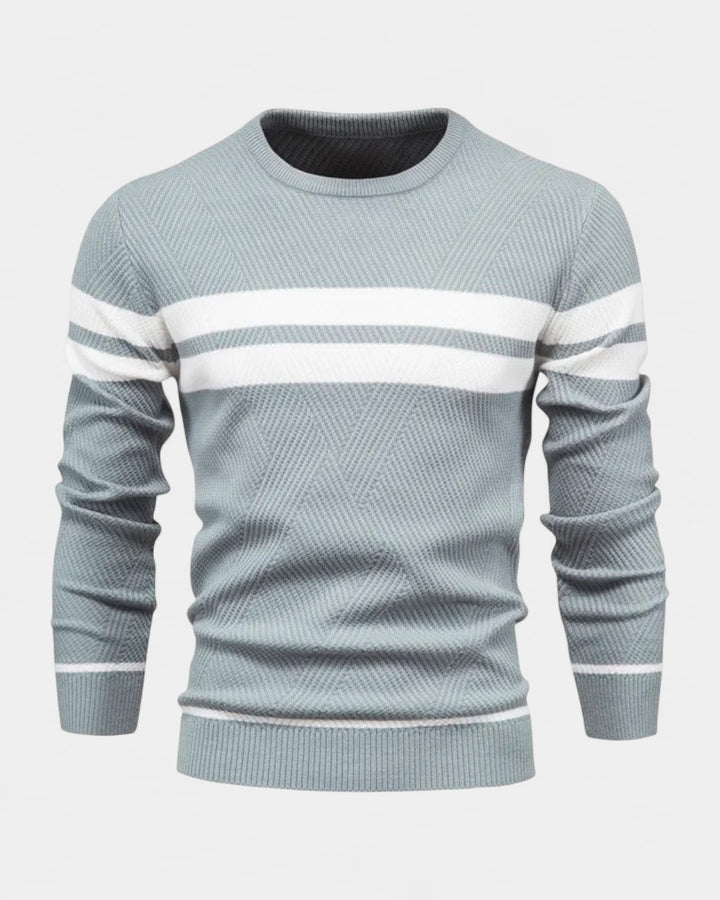Męski sweter bawełniany w paski okrągły dekolt slim fit jesienny
