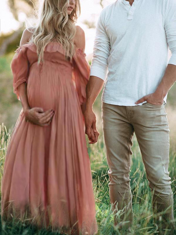 Vestido de gravidez de algodão arejado boho com decote barco para o verão
