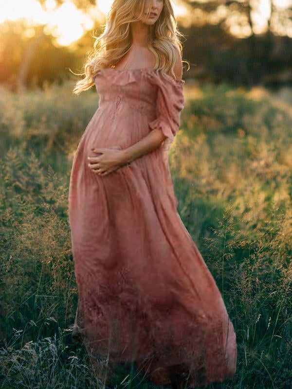 Vestido de gravidez de algodão arejado boho com decote barco para o verão