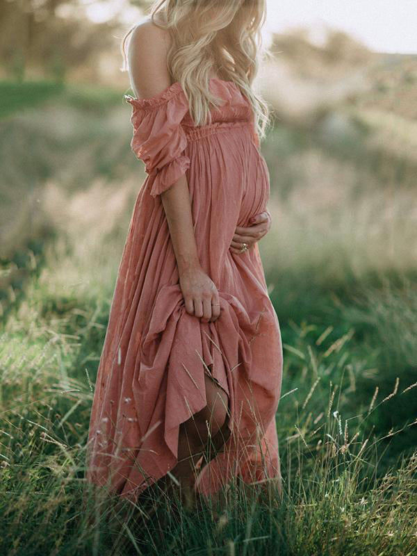Vestido de gravidez de algodão arejado boho com decote barco para o verão