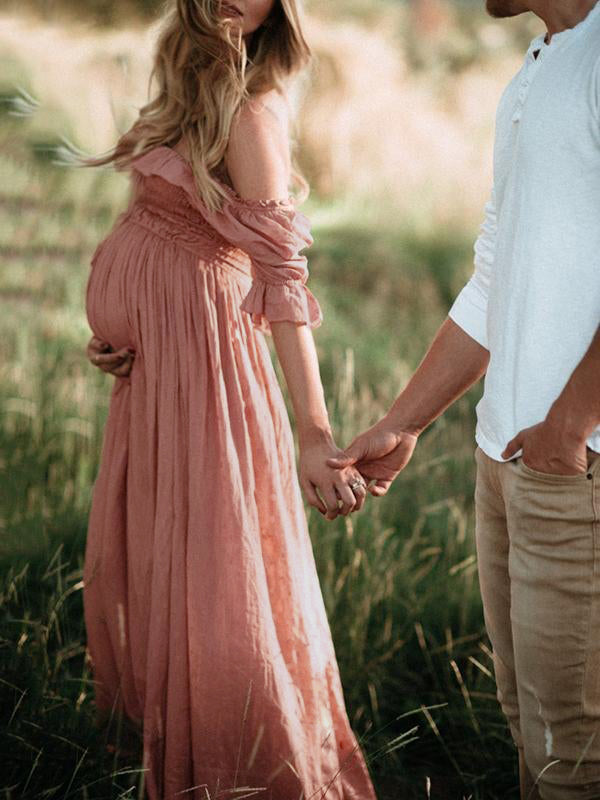 Vestido de gravidez de algodão arejado boho com decote barco para o verão