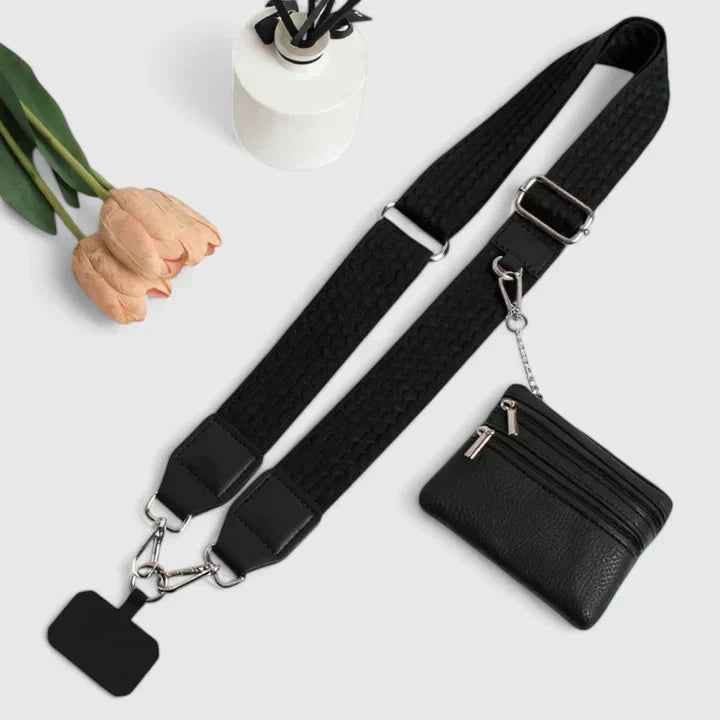 Estojo de pele para telemóvel feminino com alça ajustável e bolso com fecho RFID