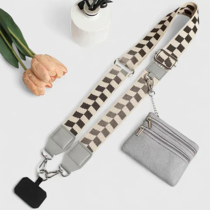 Estojo de pele para telemóvel feminino com alça ajustável e bolso com fecho RFID