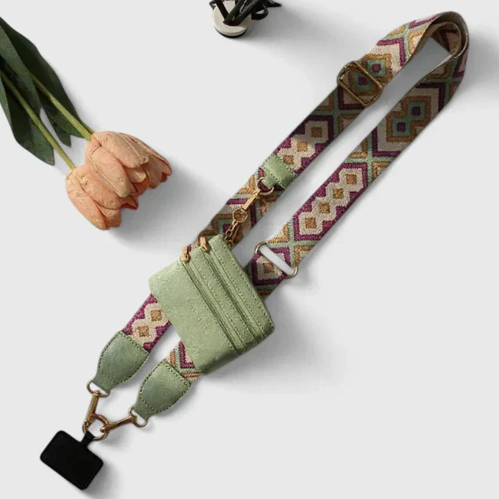 Estojo de pele para telemóvel feminino com alça ajustável e bolso com fecho RFID
