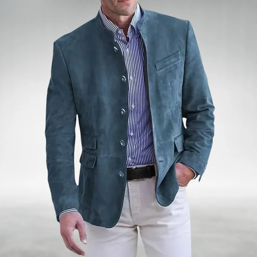 Marynarka męska ze stójką o wyglądzie zamszu zapinana na guziki casualowa elegancka na jesień