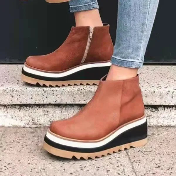 Botins de senhora em pele com plataforma para outono, confortáveis, casuais e ortopédicos