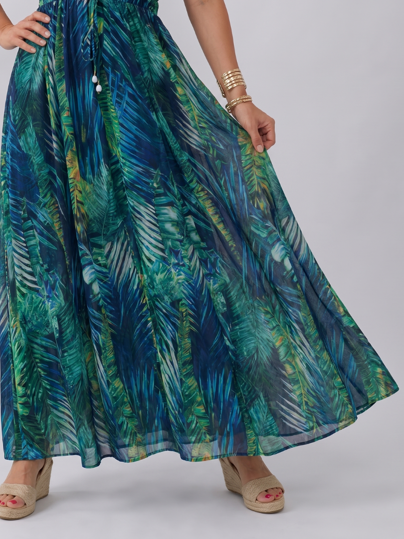 Vestido midi de verão em algodão, sem mangas, com flores, elegante, evasê e comprido.