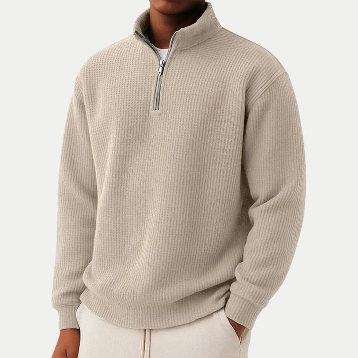 Męski sweter wełniany z zamkiem pod szyją prążkowany jesienny casual
