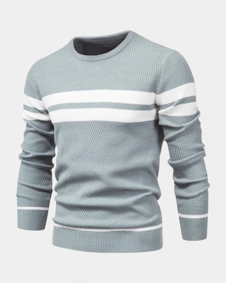 Męski sweter bawełniany w paski okrągły dekolt slim fit jesienny
