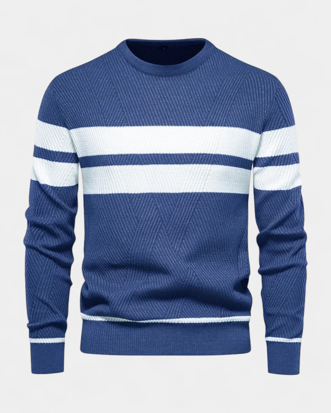 Męski sweter bawełniany w paski okrągły dekolt slim fit jesienny