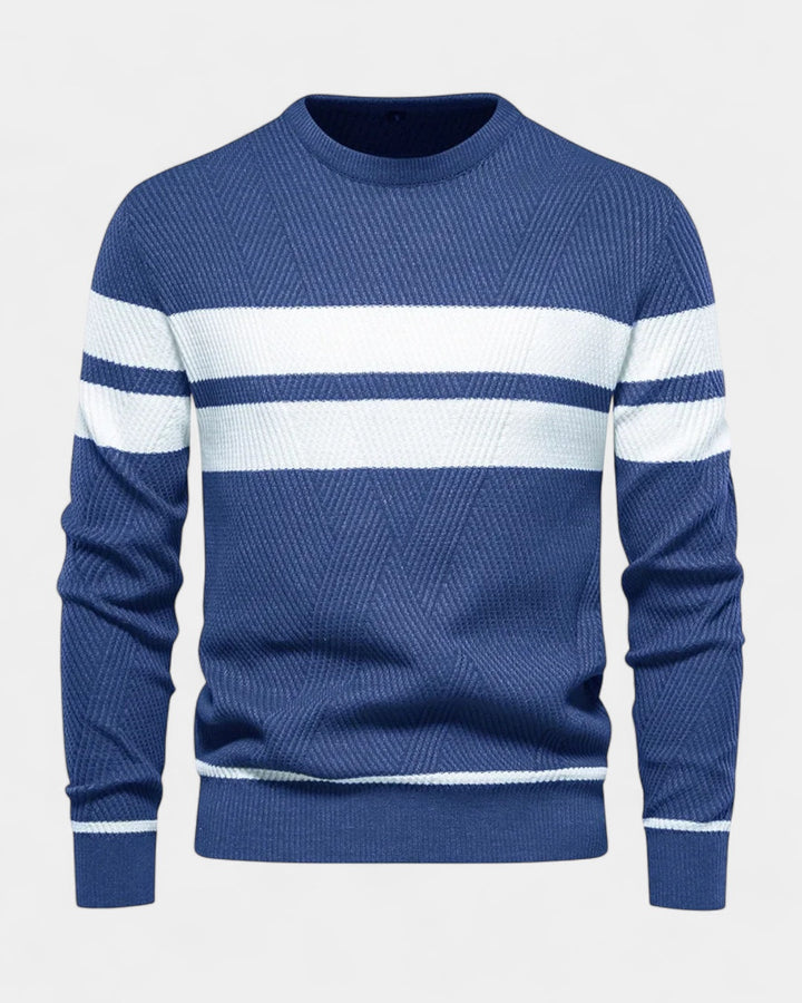 Męski sweter bawełniany w paski okrągły dekolt slim fit jesienny