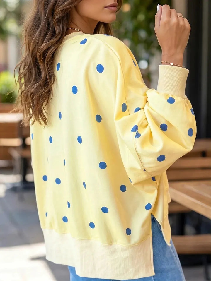 Bluza damska oversize w groszki z okrągłym dekoltem z mieszanki bawełny casualowa na jesień