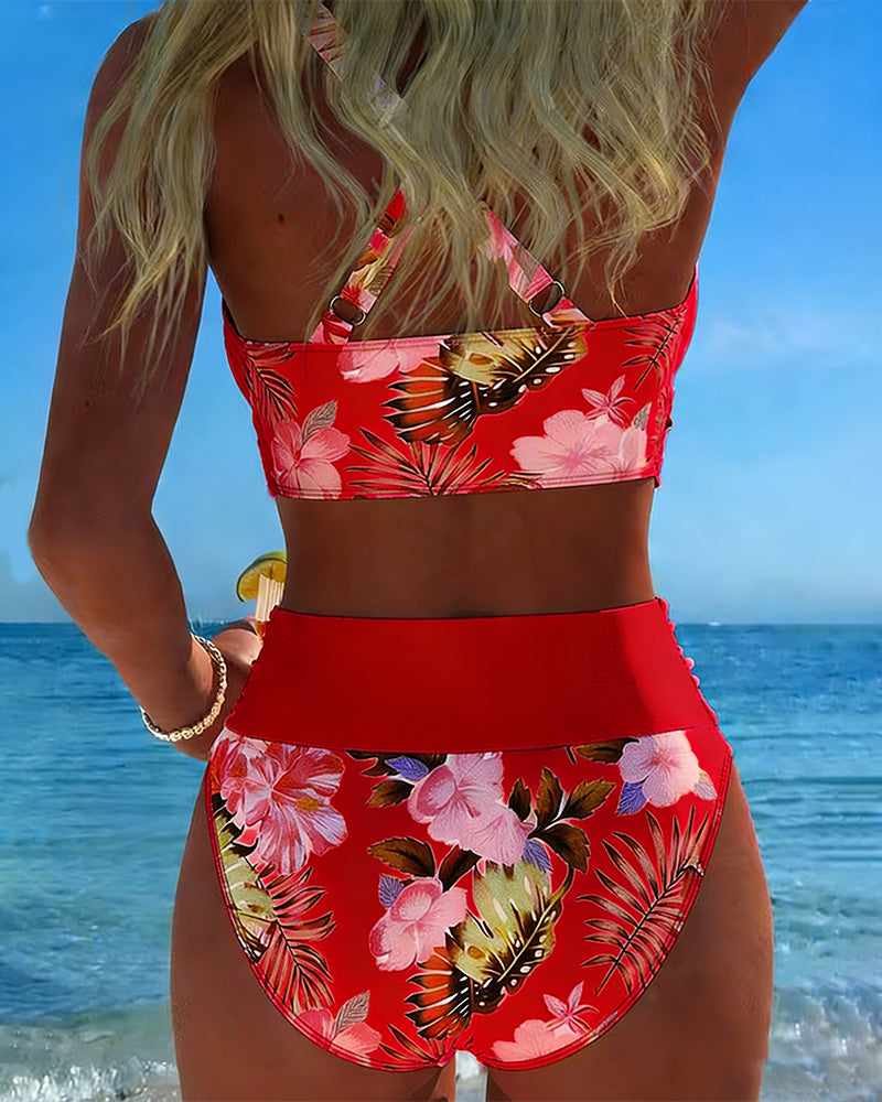 Bikini damskie z wysokim stanem w kwiatowy wzór dwuczęściowy strój kąpielowy na lato
