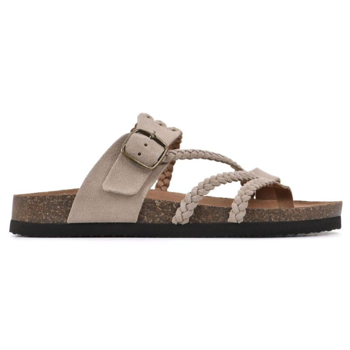 Sandały damskie na lato ze skóry ekologicznej z korkową wkładką i plecionymi paskami