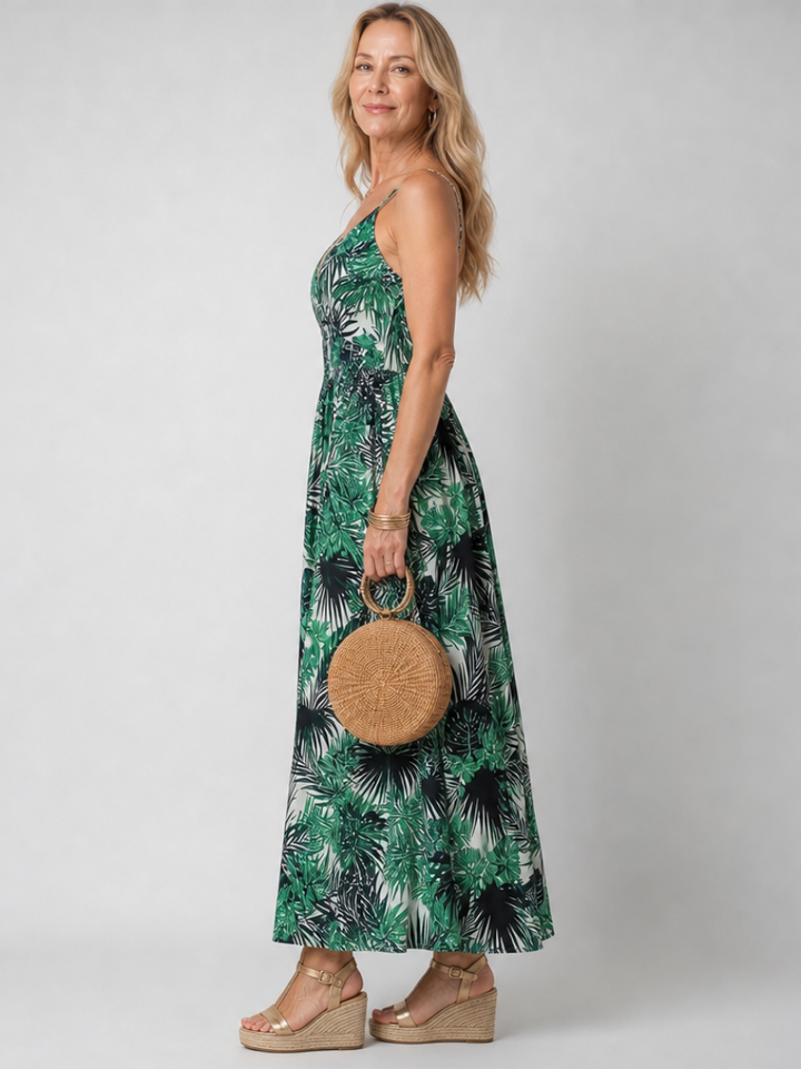 Vestido midi feminino floral evasê para verão, leve, elegante e para ocasiões especiais.