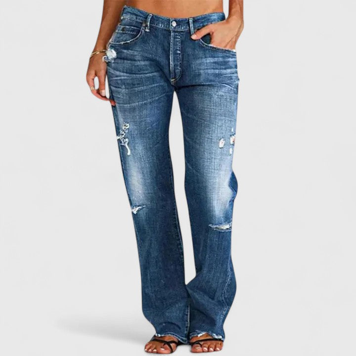 Jeansy damskie bootcut z przetarciami bawełniane jesienne