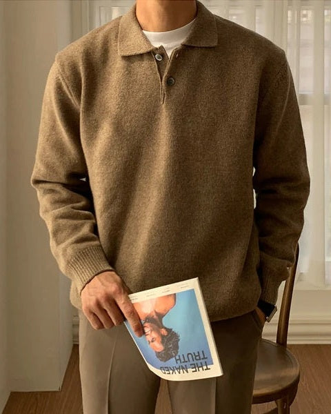 Męski sweter polo bawełniany miękka dzianina jesienny z guzikiem