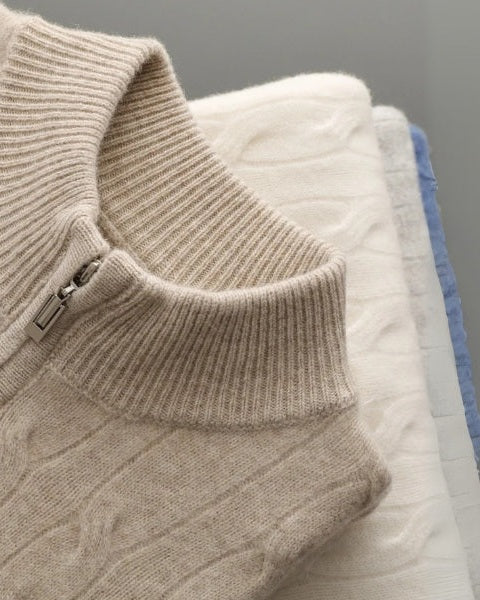 Męski sweter z wełny merino na jesień, dzianinowy sweter z zamkiem do połowy