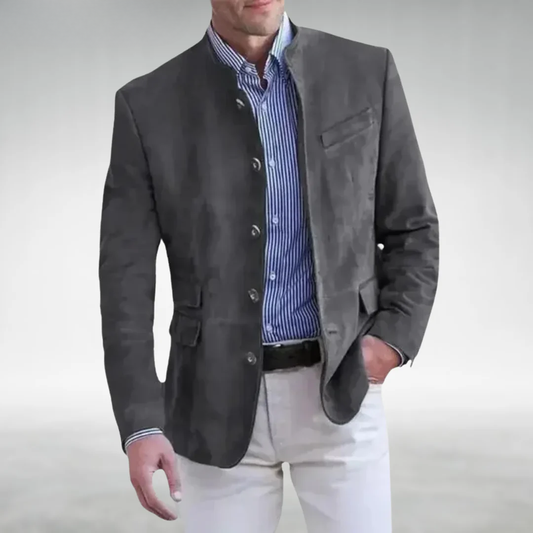 Marynarka męska ze stójką o wyglądzie zamszu zapinana na guziki casualowa elegancka na jesień