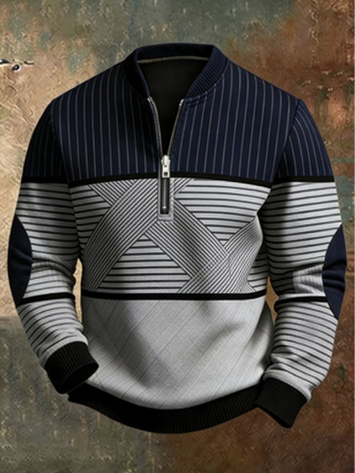Bluza męska ze stójką i krótkim zamkiem we wzór geometryczny casualowa na jesień i chłodne dni