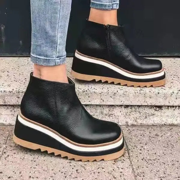Botins de senhora em pele com plataforma para outono, confortáveis, casuais e ortopédicos