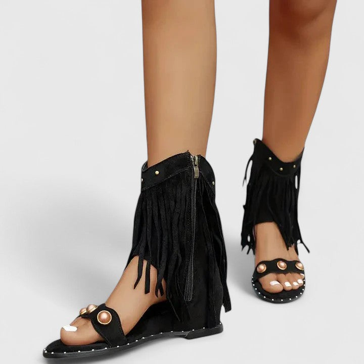 Eleganckie sandały damskie skórzane na obcasie z paskami w stylu boho na lato