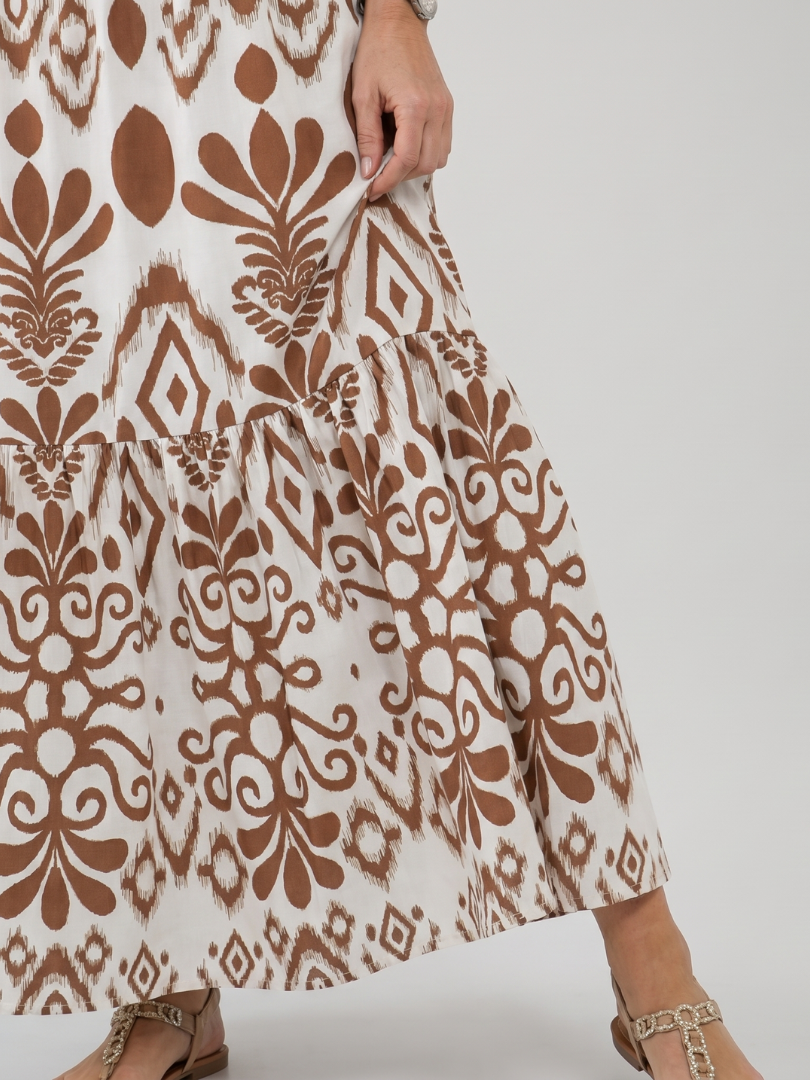 Vestido midi evasê com manga curta, leve, de algodão, para mulher, ideal para o verão.